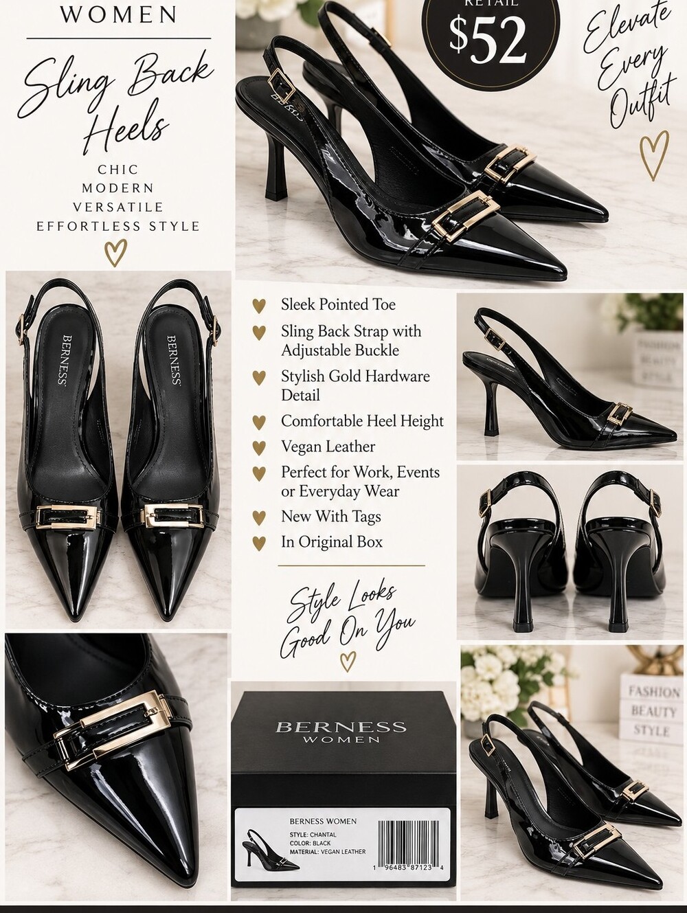 NIB Berness Women Black Sling Back Heels with Gold Buckle